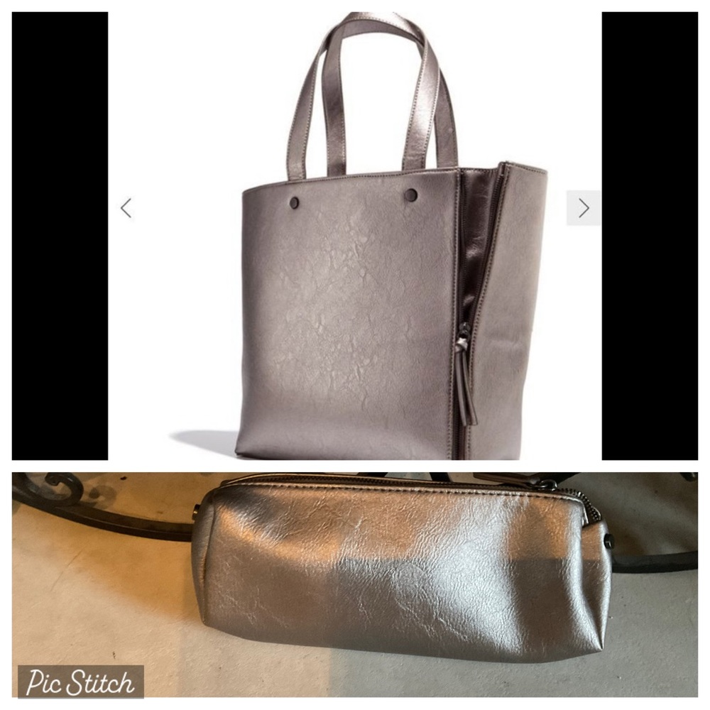 Neiman Marcus Gunmetal metallic grey zipper Large tote + Makeup bag NEW
